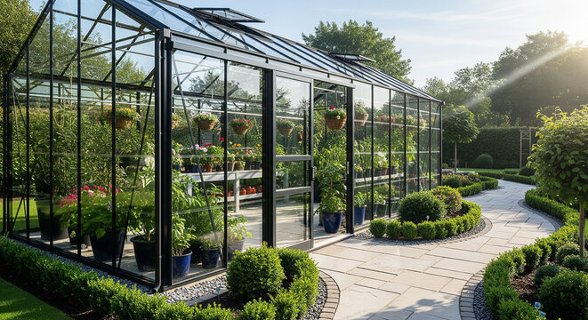 A sleek, modern greenhouse with a black metal frame and glass panels stands elegantly in a beautifully manicured garden. The sun shines brightly on the structure