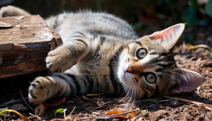 Playful tabby cat rolling on the ground backyard animal photography natural light close-up pet behavior