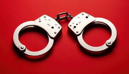 Arrest action with handcuffs studio setting photography red background close-up view law enforcement concept