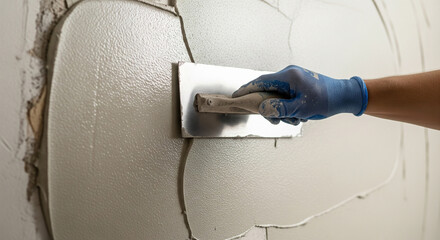 A hand in a blue protective glove is applying a fresh layer of plaster to a wall with a metal trowel. The textured, wet surface of the plaster and the smooth motion of the tool are clearly visible