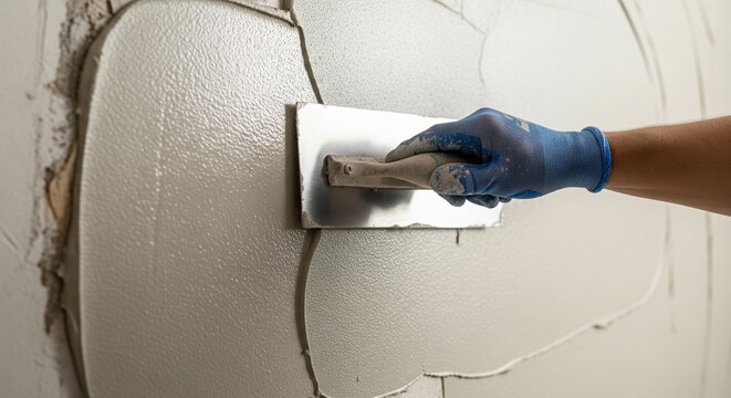 A hand in a blue protective glove is applying a fresh layer of plaster to a wall with a metal trowel. The textured, wet surface of the plaster and the smooth motion of the tool are clearly visible