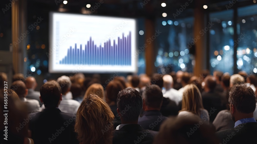 Poster professional audience intently observes a large screen displaying a vibrant financial bar chart show