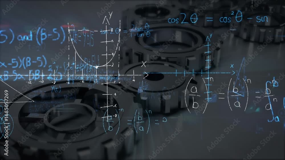 Poster animation of math formulas over rotating gears