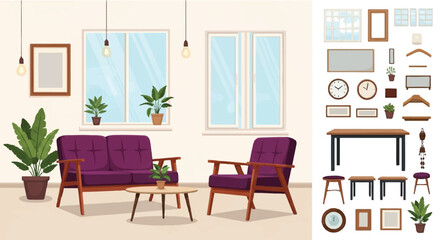 Cozy Living Room Interior with Furniture Set | Home Decoration Elements for Interior Design Mockups and Architectural Visualization