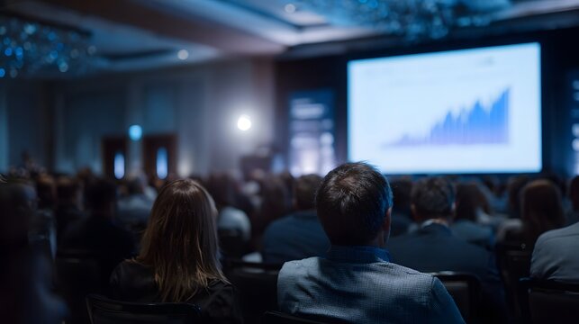 Back view of a diverse audience attentively watching a business presentation on a large screen displaying a financial growth chart in a dark
