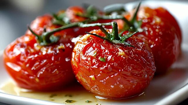Delicious roasted tomatoes prepared with herbs and garlic in a cozy kitchen setting