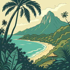 Idyllic tropical island beach with palm trees and a majestic mountain backdrop © Ashik