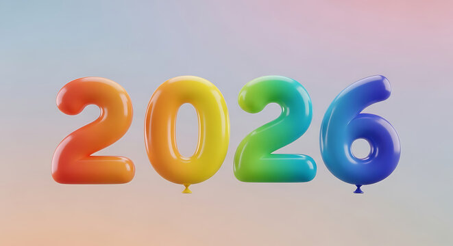 Festive 3D rendering of the year 2026 made from vibrant rainbow-colored balloons on a soft background