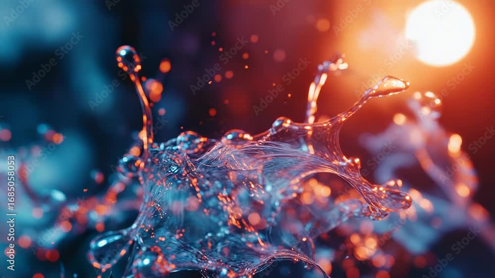 Poster water splashing and forming intricate shapes with colorful background