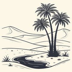 Stylized illustration of a desert oasis with palm trees and a winding river