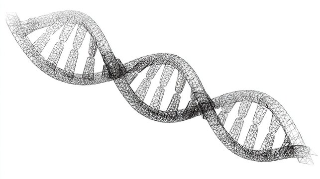 Wireframe DNA double helix, swirling strands, black on white, scientific illustration