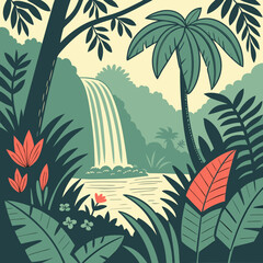 Vibrant tropical jungle landscape with waterfall and lush greenery
