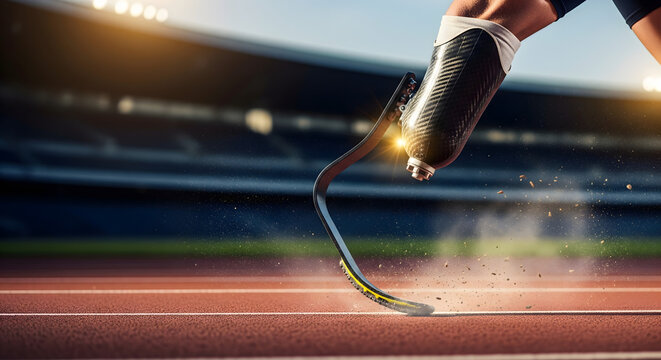 Courage in Motion: A determined athlete with a prosthetic leg sprints powerfully along a race track, embodying the spirit of perseverance, strength, and the relentless pursuit of dreams.
