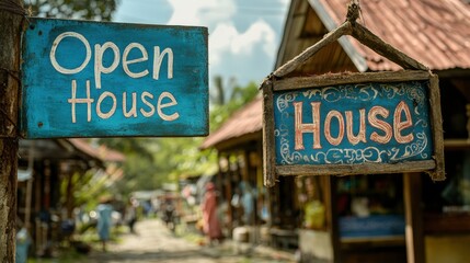 Obraz premium Rustic wooden signs for an open house in a village.