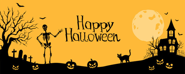 Halloween poster with pumpkin, bats, cemetery, scary building, skeleton and big orange moon. Vector illustration for Halloween. Holiday flyer, poster or banner.