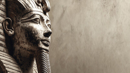 Ancient Egypt concept background with empty copy space and Egyptian pharaoh. Ancient Egyptian God creative poster horizontal banner. Digital AI artwork.	