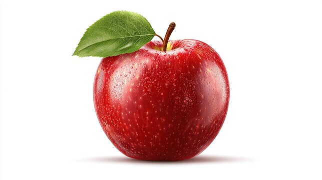 A single, ripe, red apple with a vibrant, glossy sheen and water droplets rests on a white background, accompanied by a single, fresh green leaf attached to its stem - Powered by Adobe