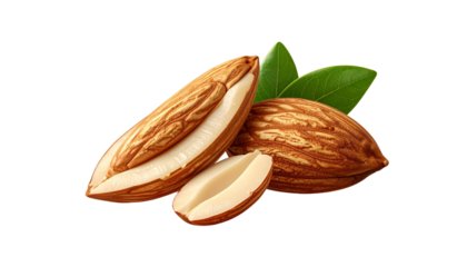 Whole and halved almonds close up macro shot studio food photography healthy snack nutritious ingredient isolated on solid background