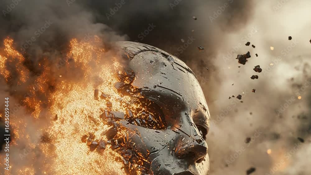 Poster artificial intelligence face exploding in dramatic scene