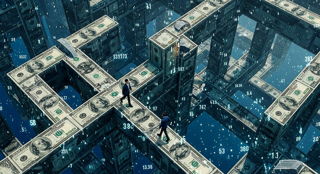 Businessmen Navigating Futuristic Money Maze in Digital Financial World, 3D Surreal Illustration
