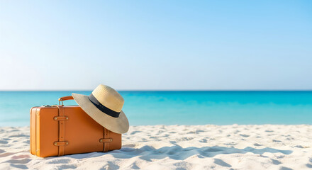 Sandy Getaway Essentials: A vintage suitcase and sun hat rest invitingly on a pristine beach, beckoning for a sunny escape and the promise of adventure.
