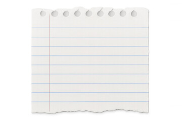 Lined notebook page with punched margin, blank white surface ready for writing, isolated on transparent backdrop