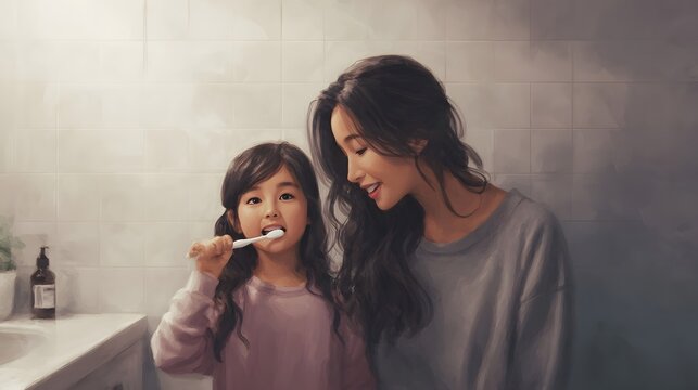 Young girl brushing her teeth with her mother by her side in a bright tiled bathroom illustrating a warm family bonding moment and daily oral hygiene