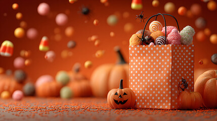 Halloween background of a paper trick-or-treat bag overflowing with candy. - Festive and fun holiday vibe.
