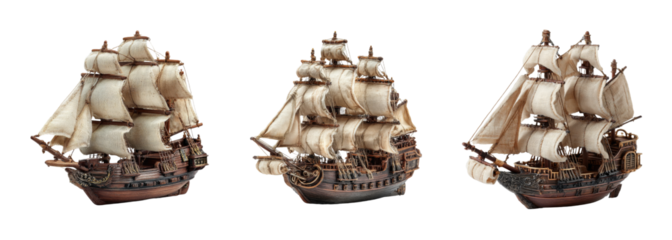 PNG set Antique wooden sailing ship model from 3 angles Isolated on Transparent backround