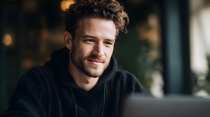 A young man with curly hair and a beard wearing a black hoodie is focused and smiling slightly while looking at a laptop indoors