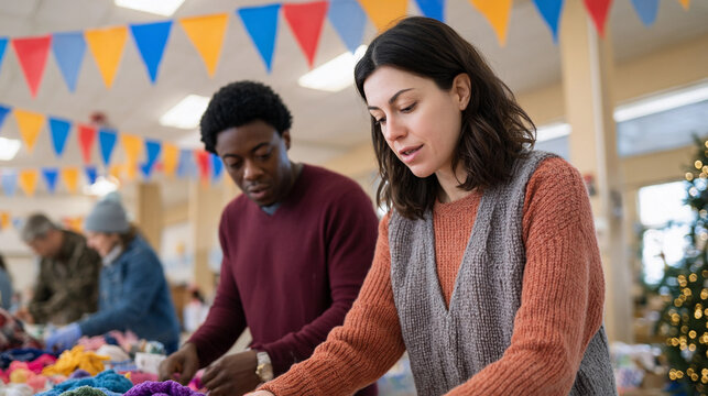 People participating in a community event crafting handmade items for charity at a decorated indoor space during a festive season