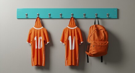 Orange jerseys and backpack on turquoise hooks