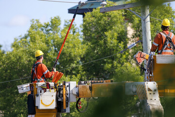 Un électricien travaille sur un poteau électrique. Un ouvrier travaille sur des fils électriques.  © Pascal Huot