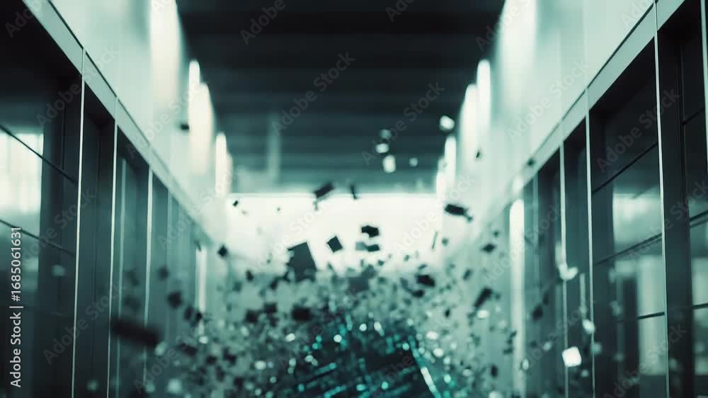 Poster digital cube exploding in server room corridor