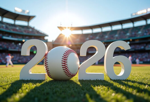 Numbers 2026 with baseball standing on field in stadium with players and fans, concept of sports, teamwork, competition and championship promotions. 