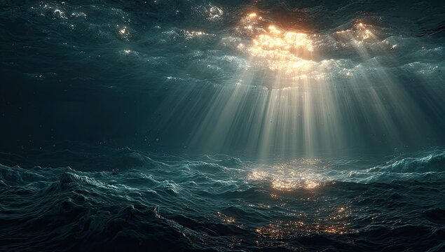 Sunbeams pierce dark underwater waves