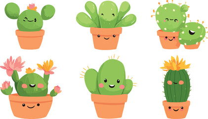 Adorable kawaii cartoon cacti characters with cute faces and flowers in pots