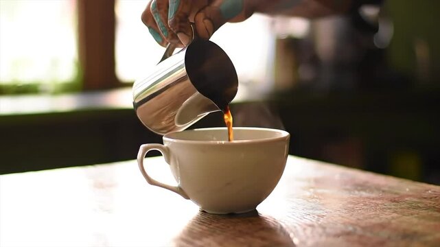 Barista pouring fresh, steaming coffee into a delicate white cup, creating a warm, inviting atmosphere for a perfect morning ritual. The image showcases the art of coffee-making