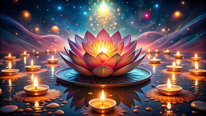 Fototapeta premium Enlightenment Lotus Amidst Serene Candles Guiding Through the Cosmic Waters of Spiritual Awakening and Inner Peace