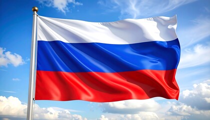 Naklejka premium Russian flag waving in a bright blue sky