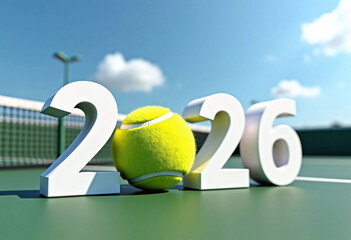 2026 numbers with tennis ball on court, sport event concept of athletic brands, tournament, competition and championship promotions. 