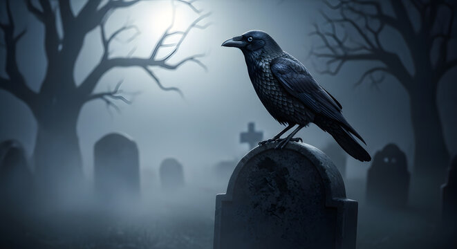 Raven on Tombstone in Foggy Cemetery