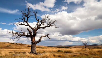 Fototapeta premium A lone, withered tree stands sentinel over a golden, dry landscape under a partly cloudy sky