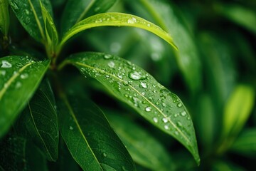 Fresh green leaves with water droplets after rain, macro shot highlighting natural texture and vibrant plant foliage