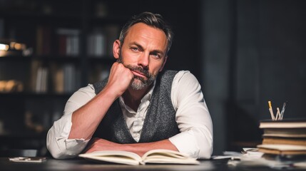A thoughtful man reads at a desk, lost in thought with a serious expression.