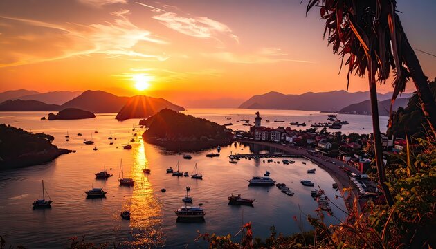 A picturesque sunset over a coastal town with boats dotting the bay, islands in the distance, and palm trees framing the scene.