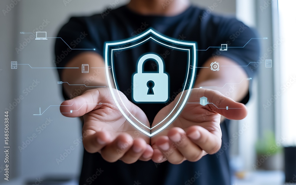 Poster digital security concept with a shield and lock icon hovering over a person's open hands, symbolizin