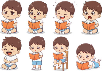 Cartoon boy reading a book expressing various emotions, including anger, surprise, joy, sadness, and happiness.