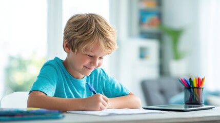 Young boy writing at a desk