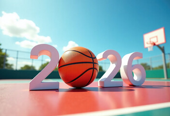 Numbers 2026 with basketball standing on outdoor basketball court,concept of sports, youth, competition. 